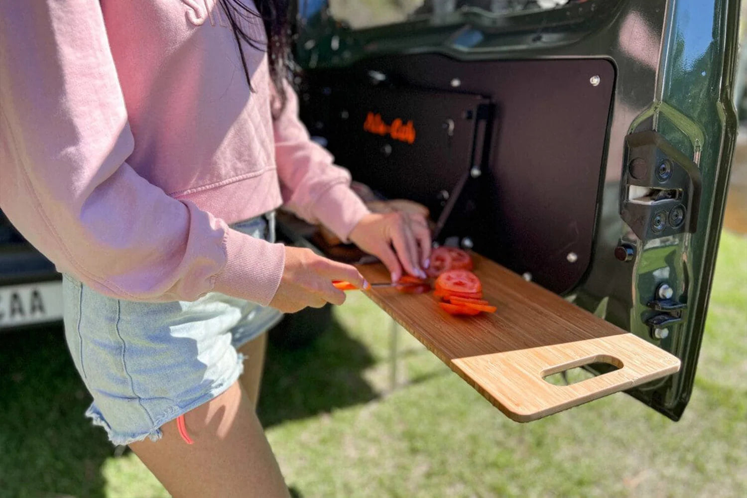 ALU-CAB Rear Tailgate Drop Down Table with Slide-Out Bamboo Cutting Board (Jimny Models 2018-Current XL 5-Door, GLX & Lite 3-Door)