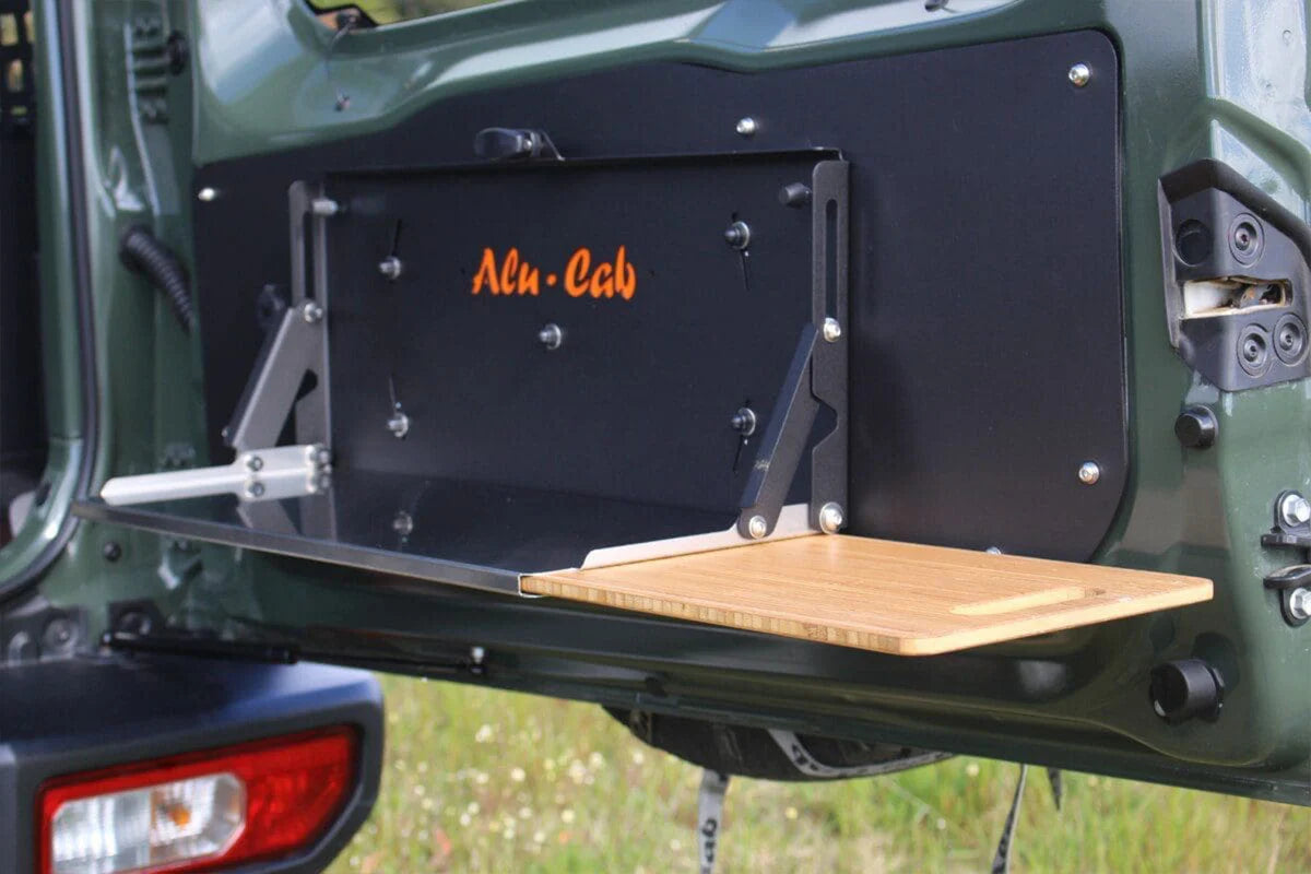 ALU-CAB Rear Tailgate Drop Down Table with Slide-Out Bamboo Cutting Board (Jimny Models 2018-Current XL 5-Door, GLX & Lite 3-Door)