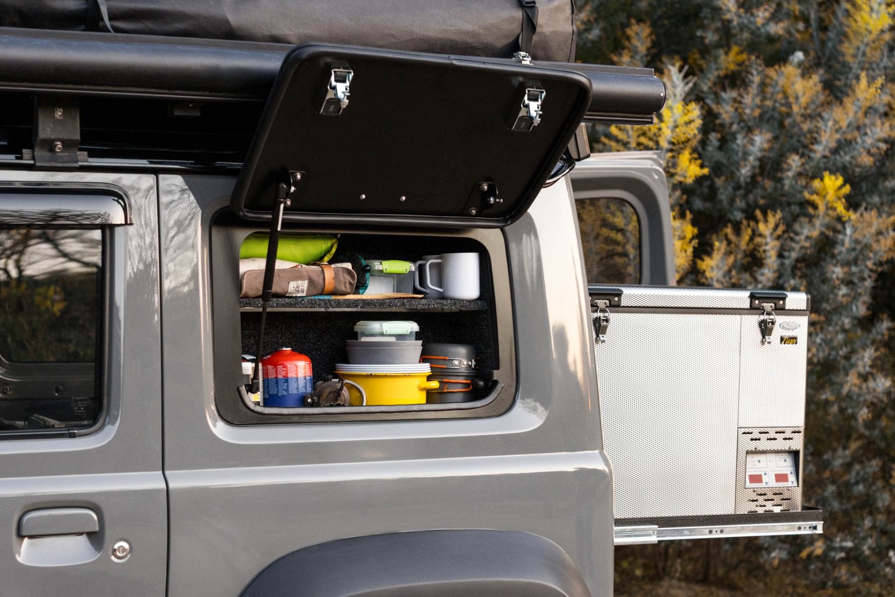 BUSHTECH Storage Cupboard for the Gullwing Style Rear Window (Jimny Models 2018-Current GLX & Lite 3-Door)